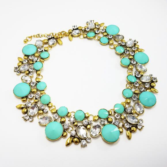 Turquoise Blue Clear Rhinestone Gold Statement Necklace - Picture 2 of 8